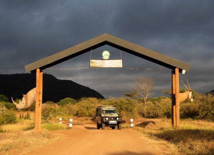 Safari vehicle at the entrance gate, Mkomazi National Park, Tanzania